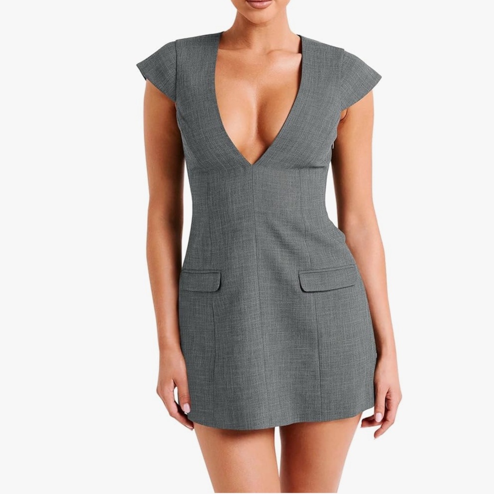 NWOT Chic Gray V-Neck Dress with Pockets